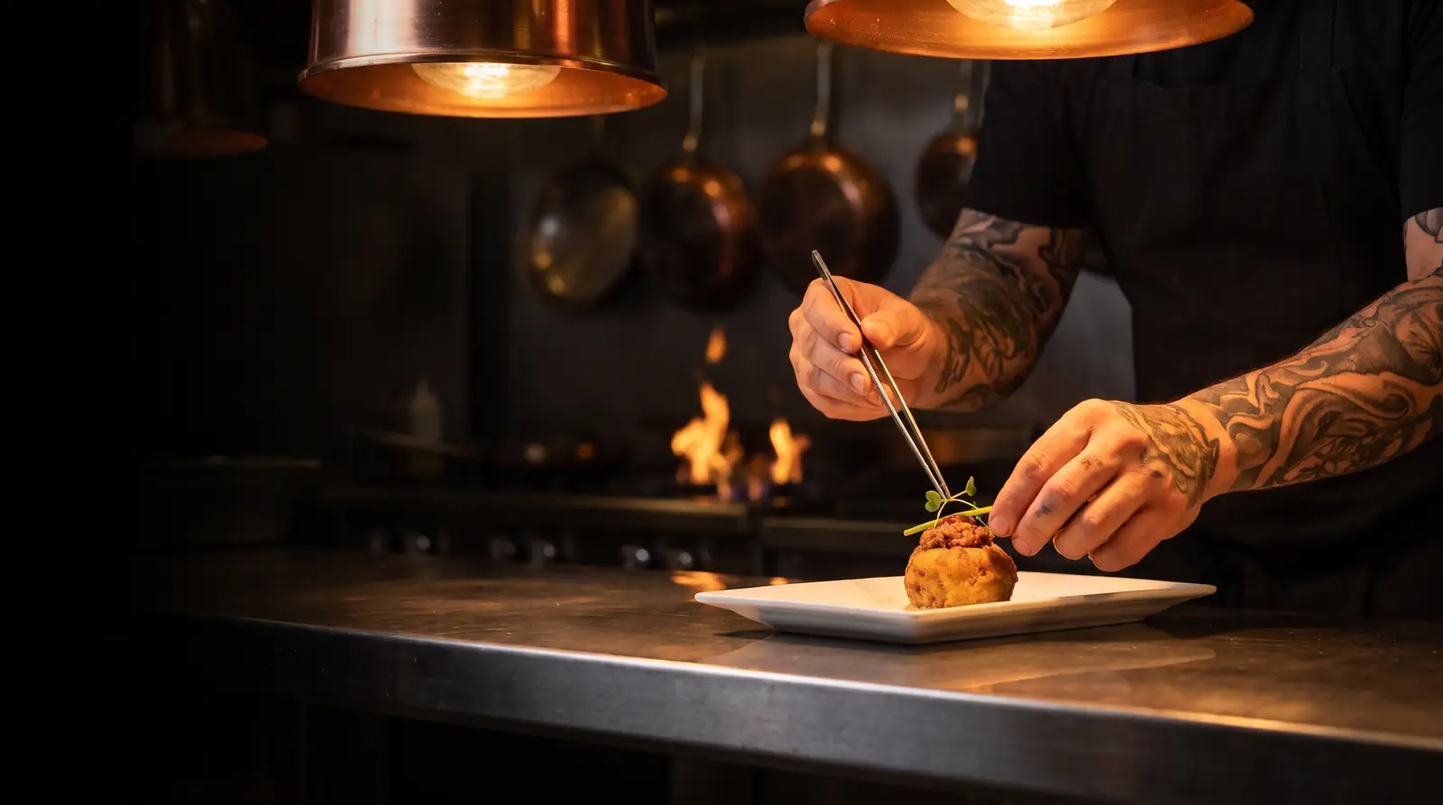 Manos del chef colocando microhojas con pinzas sobre un pionono en el pase de la cocina