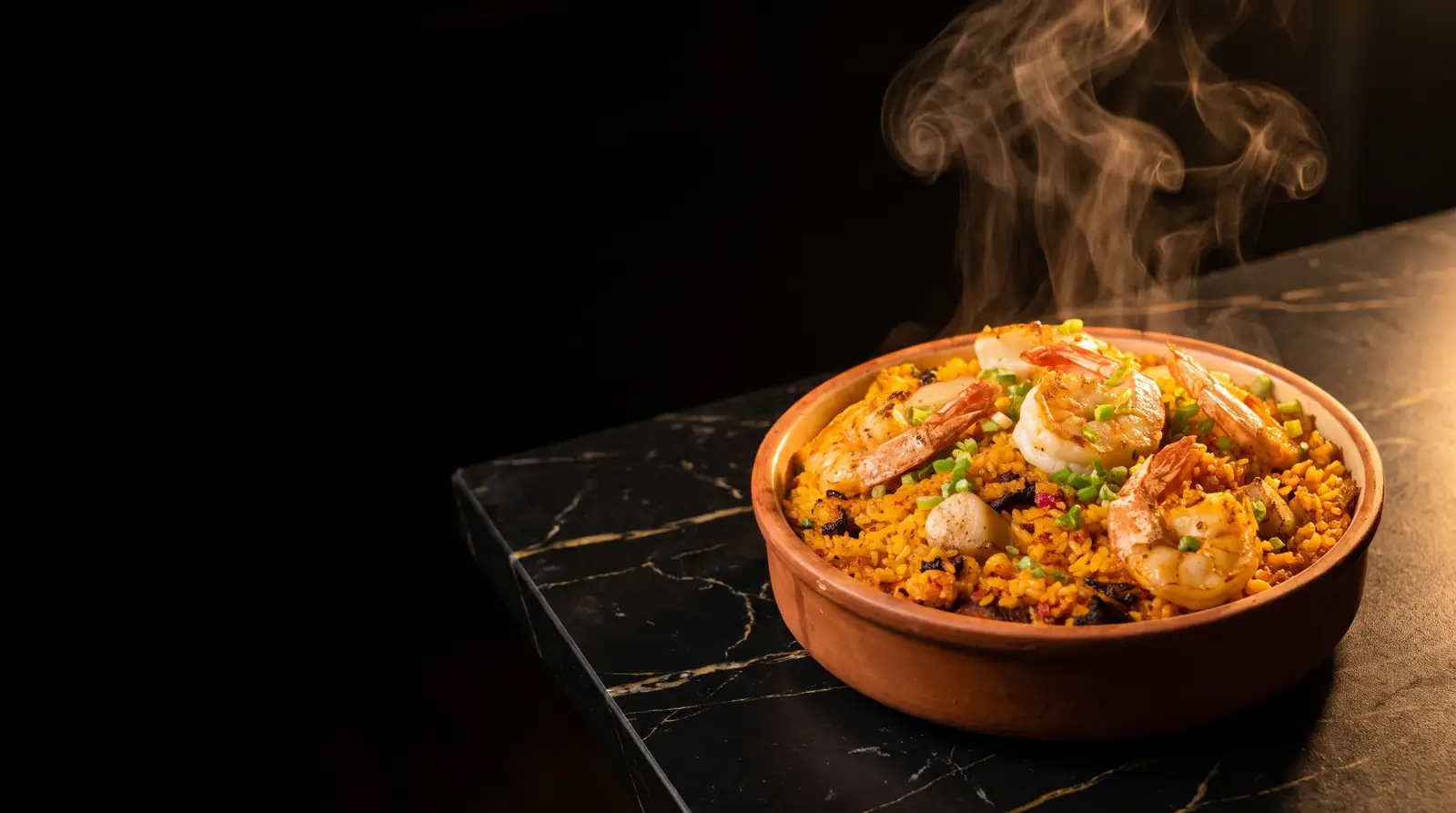 Cazuela de barro con arroz con mariscos humeante sobre mármol negro