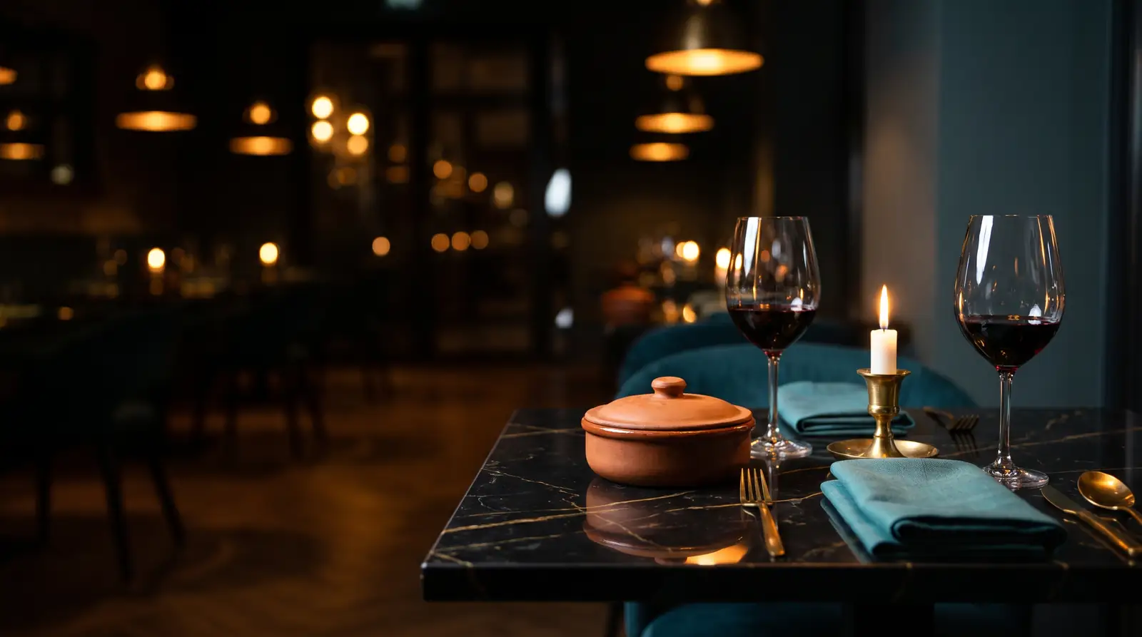 Mesa para dos con velas, copas de vino, servilletas verde azul y una cazuelita de barro