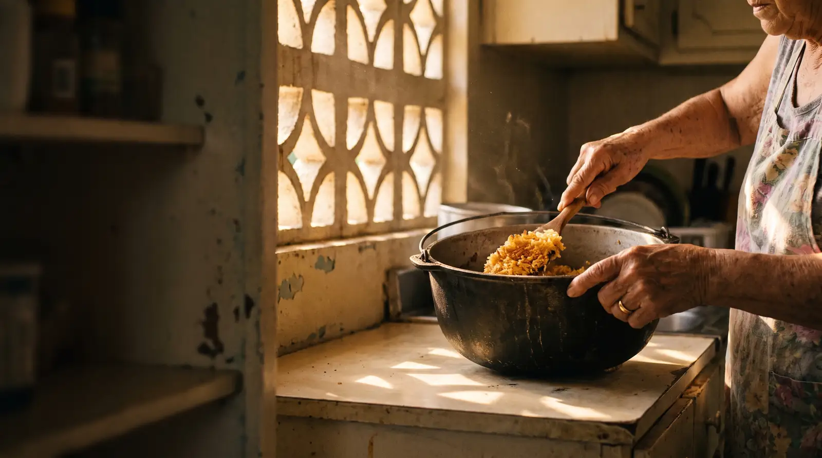 Manos de una abuela raspando el arroz pegao del caldero junto a una ventana de celosía