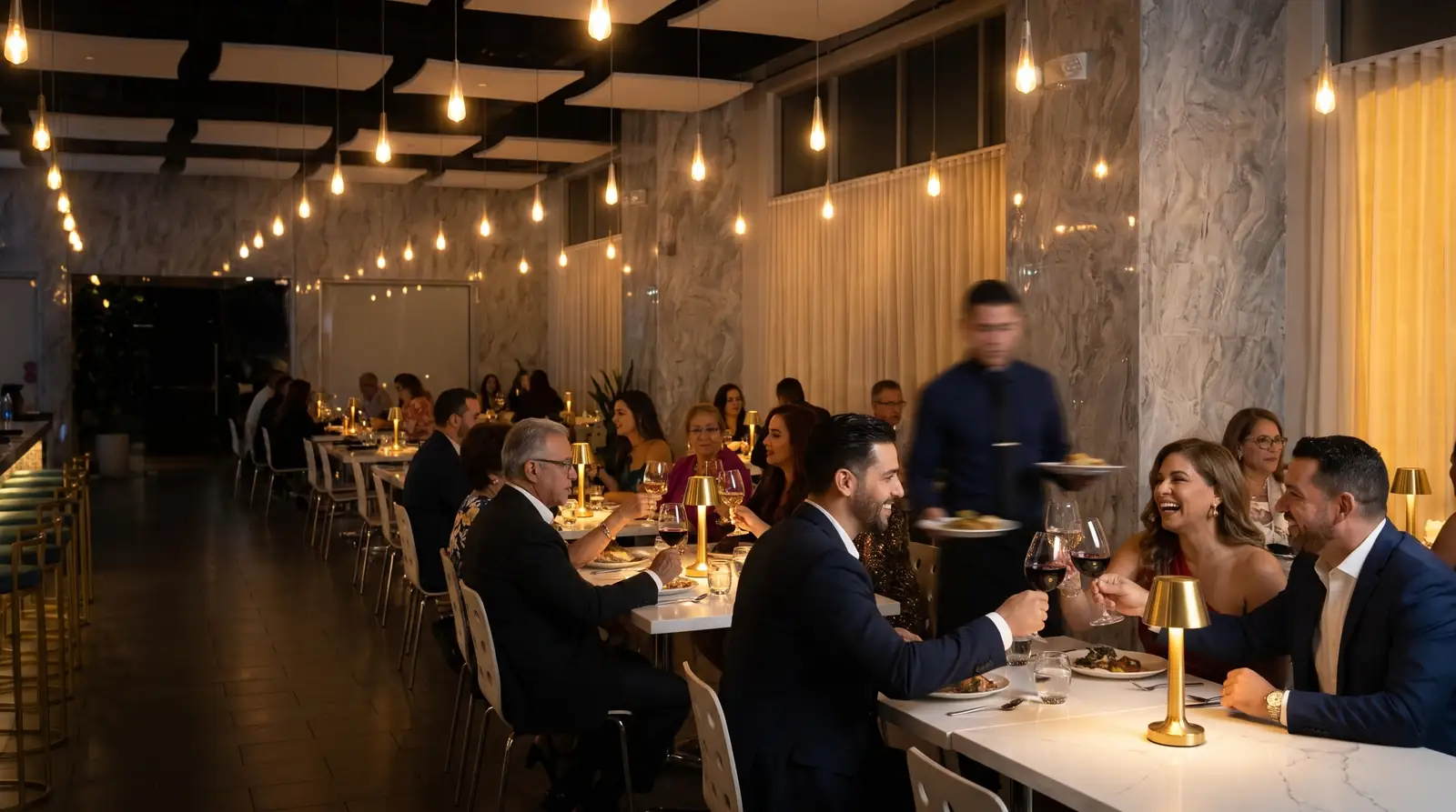 Salón de Cazuela de noche con familias y parejas brindando bajo lámparas colgantes
